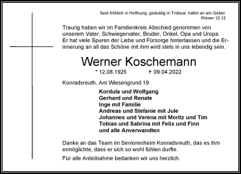 Traueranzeige von Werner Koschemann von Frankenpost