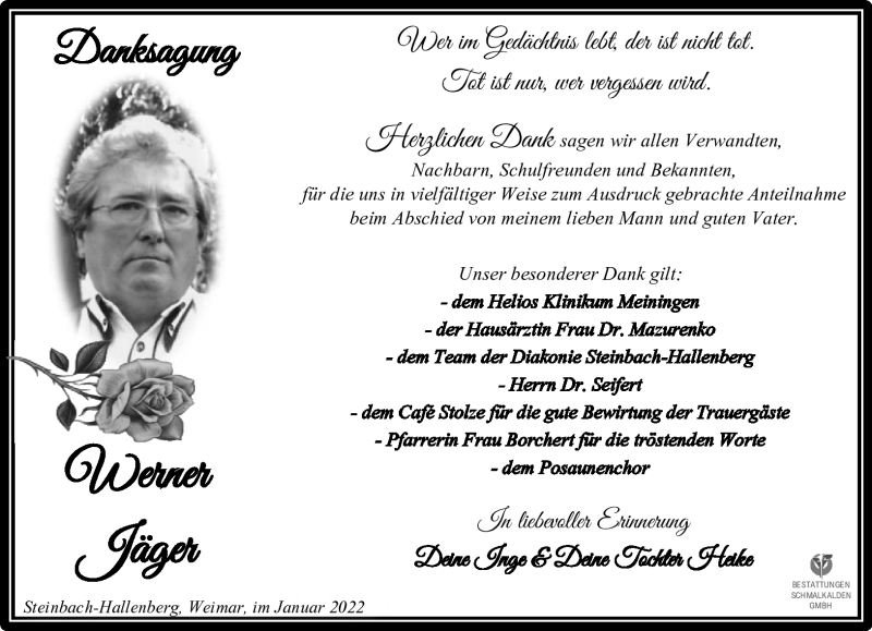  Traueranzeige für Werner Jäger vom 09.04.2022 aus Südthüringer Presse