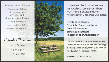 Traueranzeige von Gisela Bader von Südthüringer Presse