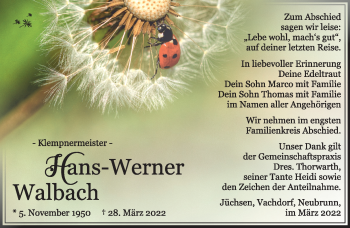 Traueranzeige von Hans-Werner Walbach von Südthüringer Presse