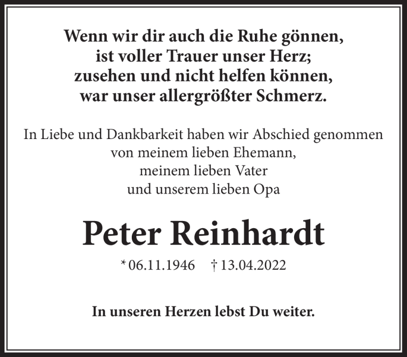  Traueranzeige für Peter Reinhardt vom 30.04.2022 aus Südthüringer Presse