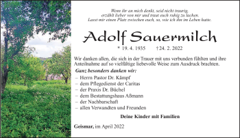 Traueranzeige von Adolf Sauermilch von Südthüringer Presse