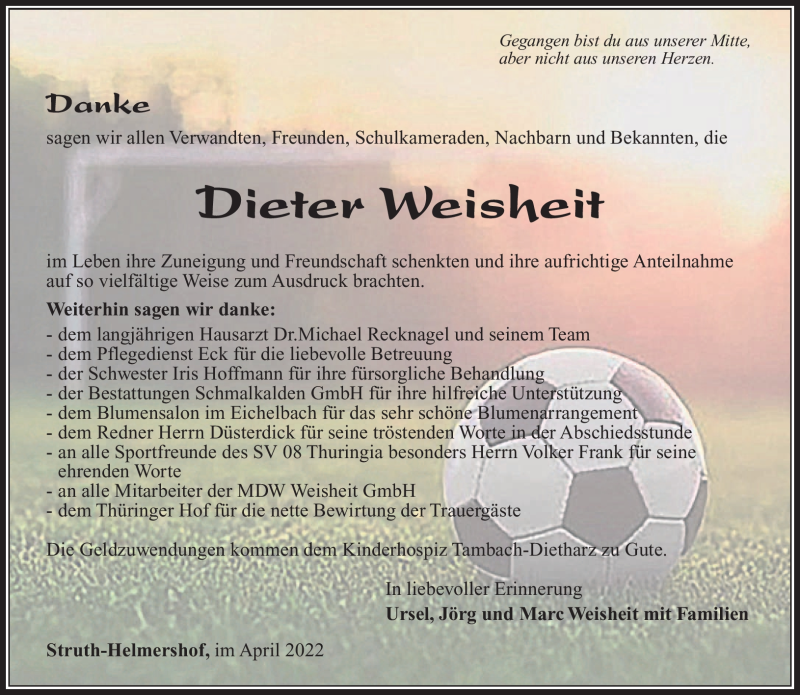  Traueranzeige für Dieter Weisheit vom 09.04.2022 aus Südthüringer Presse