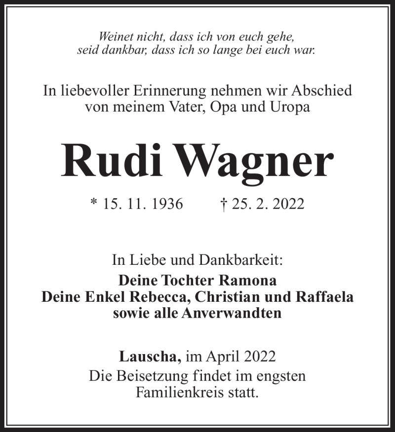  Traueranzeige für Rudi Wagner vom 02.04.2022 aus Südthüringer Presse