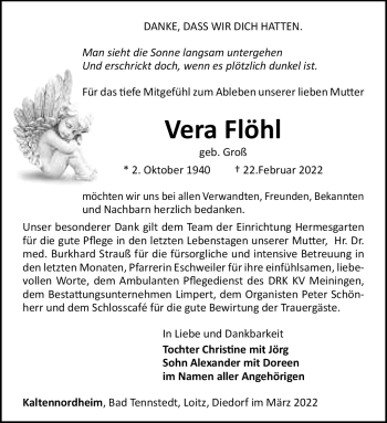 Traueranzeige von Vera Flöhl von Südthüringer Presse