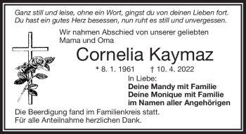 Traueranzeige von Cornelia Kaymaz von Frankenpost