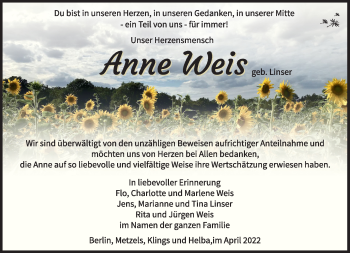 Traueranzeige von Anne Weis von Südthüringer Presse