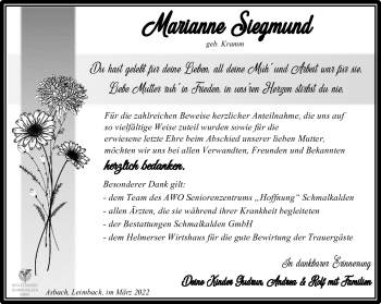 Traueranzeige von Marianne Siegmaund von Südthüringer Presse