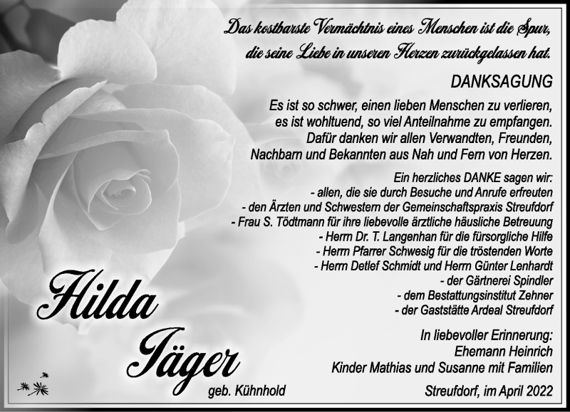  Traueranzeige für Hilda Jäger vom 16.04.2022 aus Südthüringer Presse
