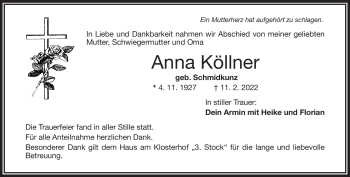 Traueranzeige von Anna Köllner von Frankenpost