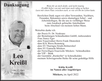 Traueranzeige von Leo Kreißl von Südthüringer Presse