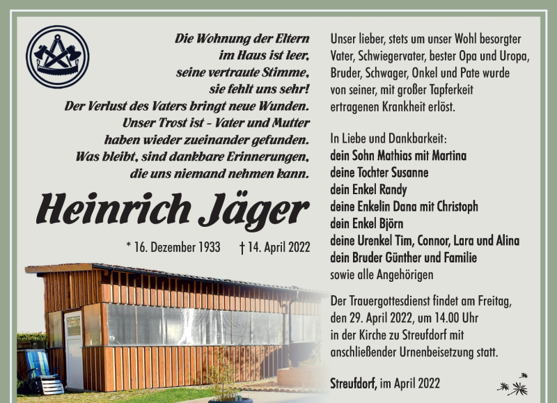  Traueranzeige für Heinrich Jäger vom 23.04.2022 aus Südthüringer Presse