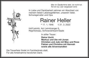 Traueranzeige von Rainer Heller von Frankenpost