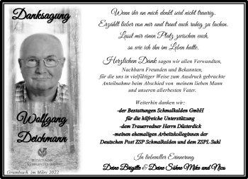 Traueranzeige von Wolfgang Deichmann von Südthüringer Presse