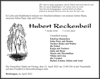 Traueranzeige von Hubert Reckenbeil von Südthüringer Presse