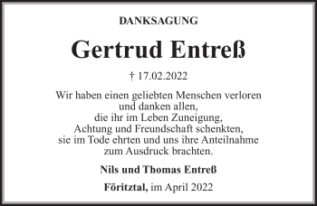 Traueranzeige von Gertrud Entreß von Südthüringer Presse