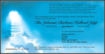 Traueranzeige von Ilse Johanna Barbara Holland-Jopp von Südthüringer Presse