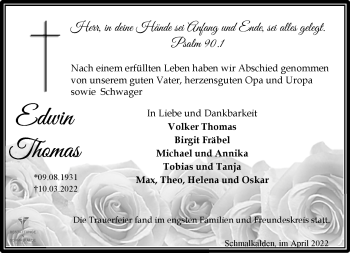 Traueranzeige von Edwin Thomas von Südthüringer Presse