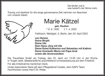 Traueranzeige von Marie Kätzel von Frankenpost