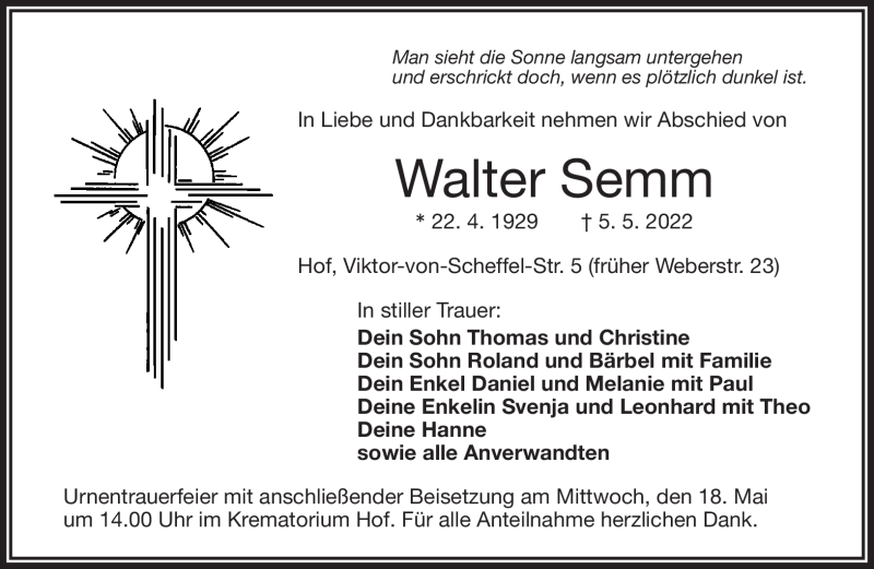  Traueranzeige für Walter Semm vom 14.05.2022 aus Frankenpost