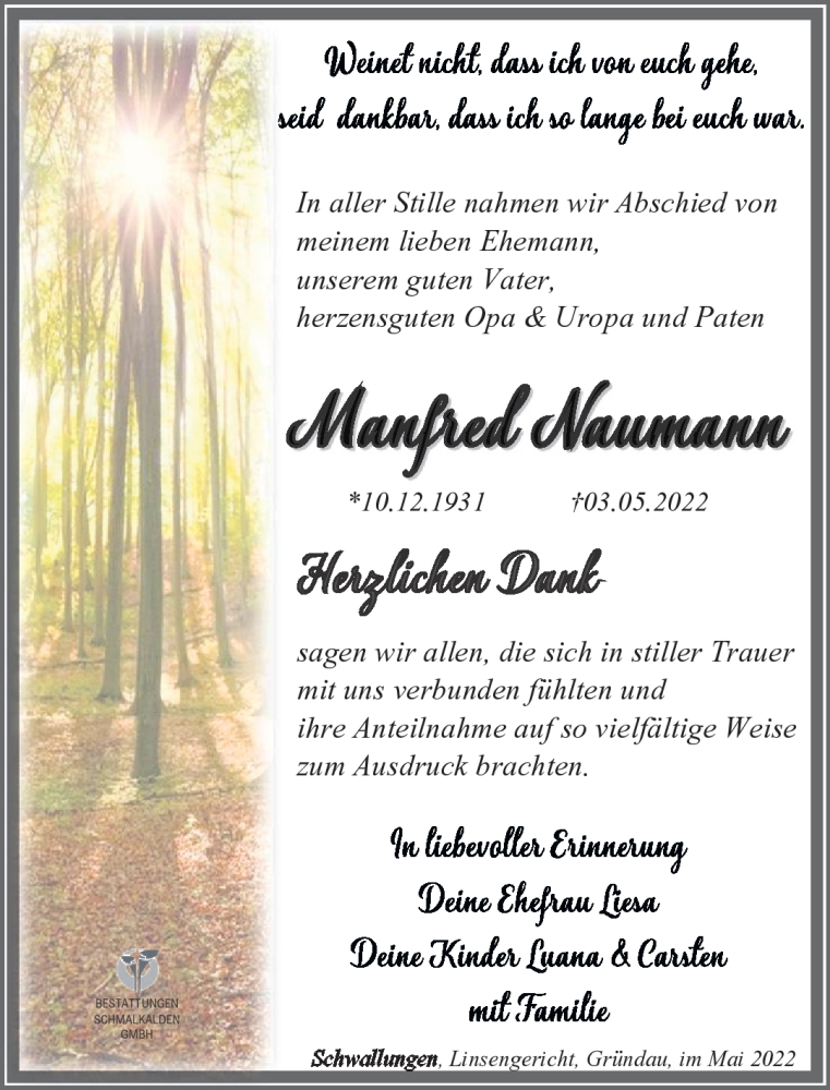  Traueranzeige für Manfred Naumann vom 14.05.2022 aus Südthüringer Presse