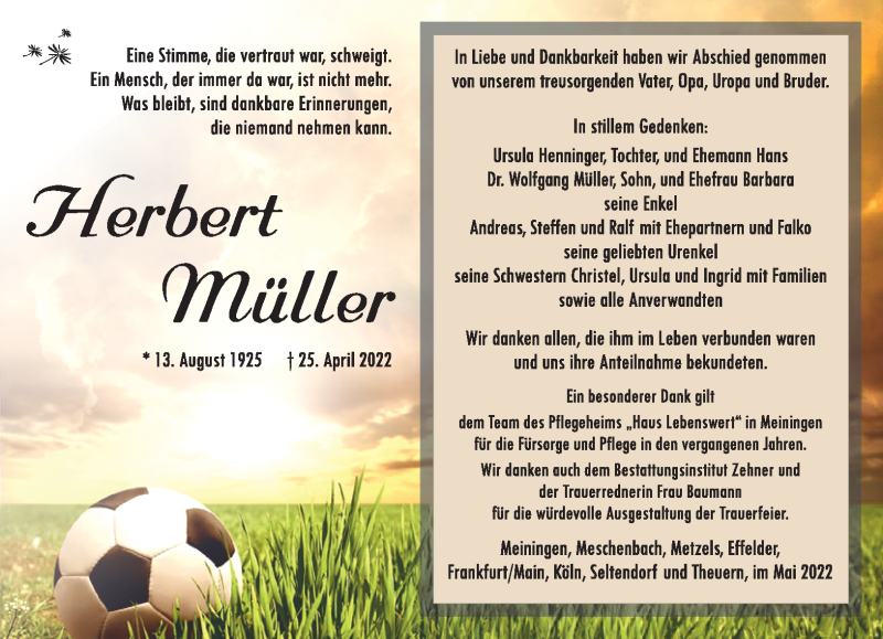  Traueranzeige für Herbert Müller vom 14.05.2022 aus Südthüringer Presse
