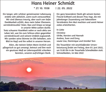 Traueranzeige von Hans Heiner Schmidt von Südthüringer Presse