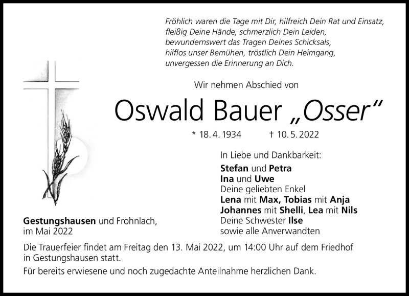 Traueranzeige für Oswald Bauer vom 12.05.2022 aus Neue Presse Coburg