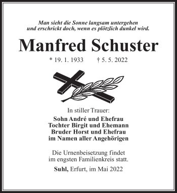 Traueranzeige von Manfred Schuster von Südthüringer Presse