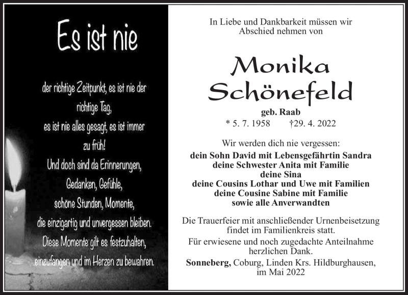  Traueranzeige für Monika Schönefeld vom 07.05.2022 aus Südthüringer Presse