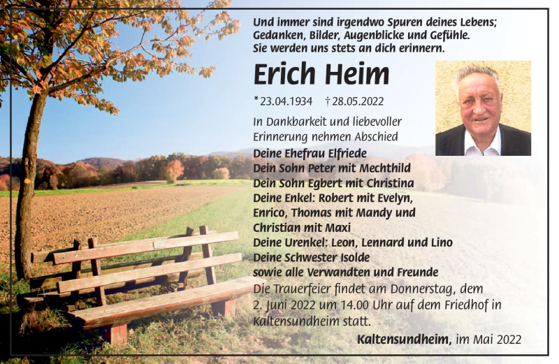  Traueranzeige für Erich Heim vom 31.05.2022 aus Südthüringer Presse