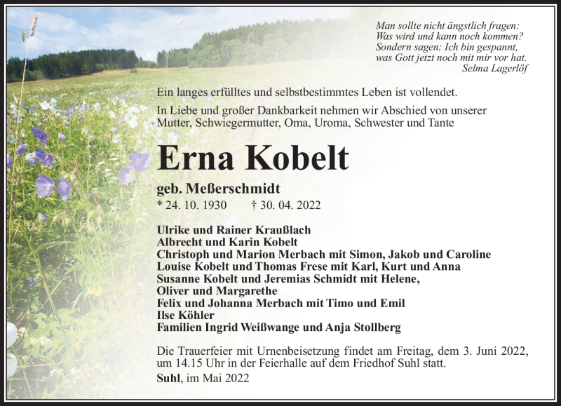  Traueranzeige für Erna Kobelt vom 07.05.2022 aus Südthüringer Presse