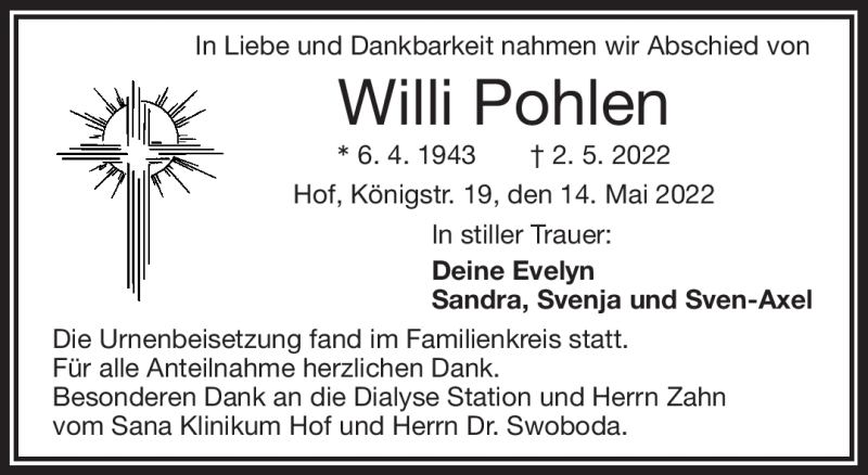  Traueranzeige für Willi Pohlen vom 14.05.2022 aus Frankenpost