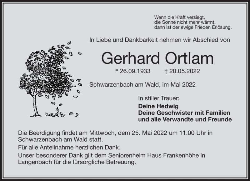 Traueranzeige für Gerhard Ortlam vom 23.05.2022 aus Frankenpost