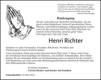 Traueranzeige von Henri Richter von Südthüringer Presse