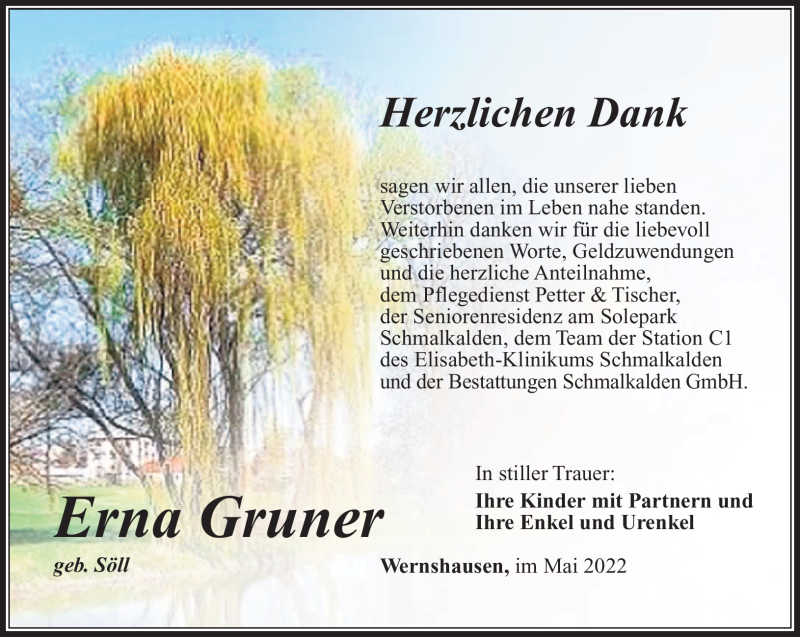 Traueranzeige für Erna Gruner vom 14.05.2022 aus Südthüringer Presse