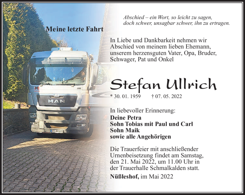  Traueranzeige für Stefan Ullrich vom 14.05.2022 aus Südthüringer Presse