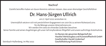 Traueranzeige von Hans-Jürgen Ullrich von Südthüringer Presse