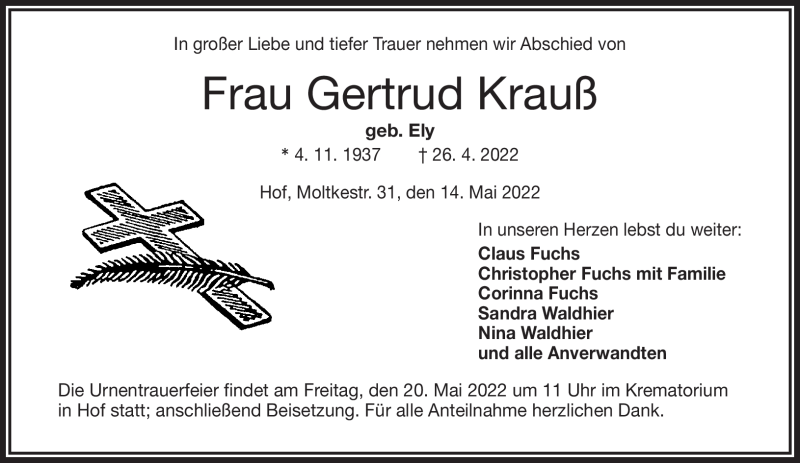  Traueranzeige für Gertrud Krauß vom 14.05.2022 aus Frankenpost