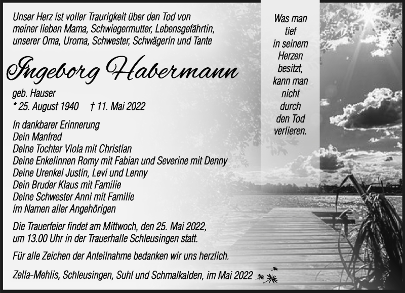  Traueranzeige für Ingeborg Habermann vom 21.05.2022 aus Südthüringer Presse