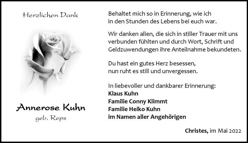  Traueranzeige für Annerose Kuhn vom 28.05.2022 aus Südthüringer Presse