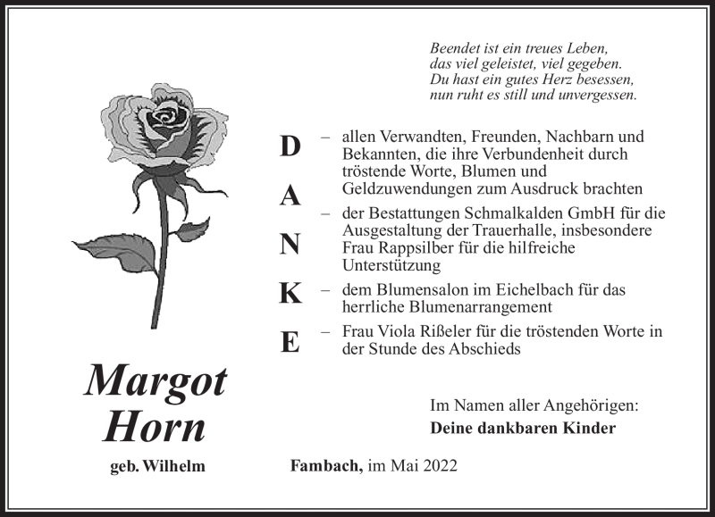  Traueranzeige für Margot Horn vom 28.05.2022 aus Südthüringer Presse