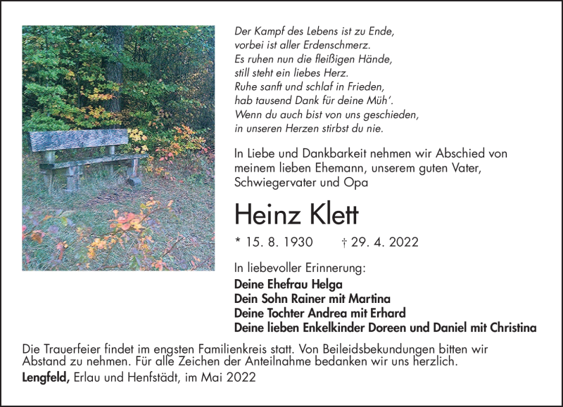  Traueranzeige für Heinz Klett vom 14.05.2022 aus Südthüringer Presse