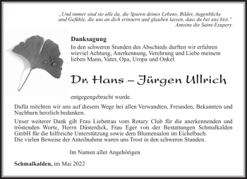 Traueranzeige von Dr. Hans Jürgen Ullrich von Südthüringer Presse