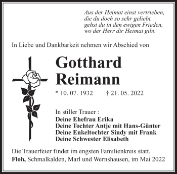 Traueranzeige von Gotthard Reimann von Südthüringer Presse