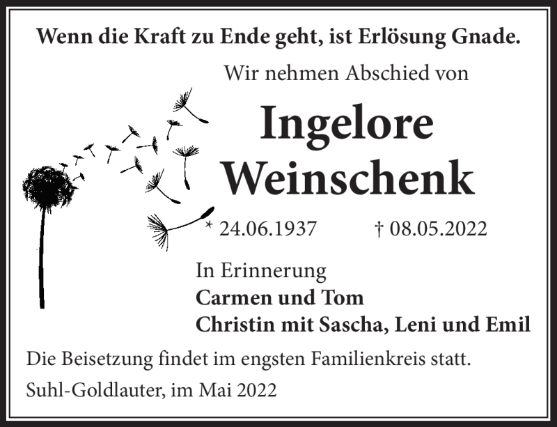  Traueranzeige für Ingelore Weinschenk vom 14.05.2022 aus Südthüringer Presse