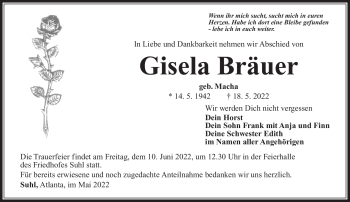 Traueranzeige von Gisela Bräuer von Südthüringer Presse
