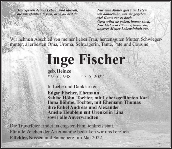 Traueranzeige von Inge Fischer von Südthüringer Presse