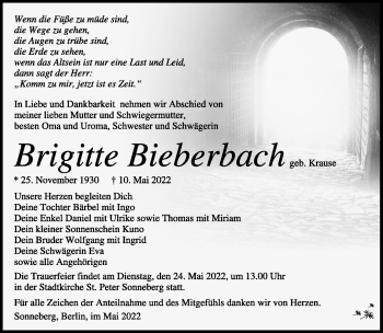 Traueranzeige von Brigitte Bieberbach von Südthüringer Presse