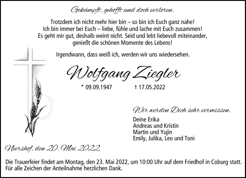  Traueranzeige für Wolfgang Ziegler vom 20.05.2022 aus Neue Presse Coburg